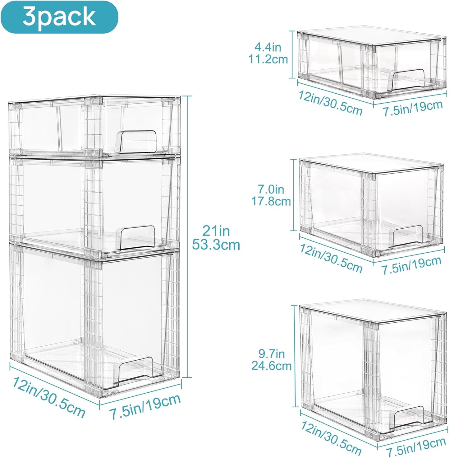 Vtopmart 6 Pack Clear Stackable Storage Drawers,Easy to Assemble Bathroom Organizers and Storage with handles,Plastic Drawers for Kitchen Pantry,Cabinet,Under Sink Organization