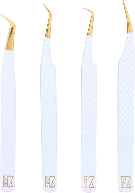 M LASH Eyelash Extension Tweezers (Set of 4) - Professional & Precision Lash Tweezers for Eyelash Extensions - Japanese Steel, Diamond Grip, Fiber Tip V3 (White)