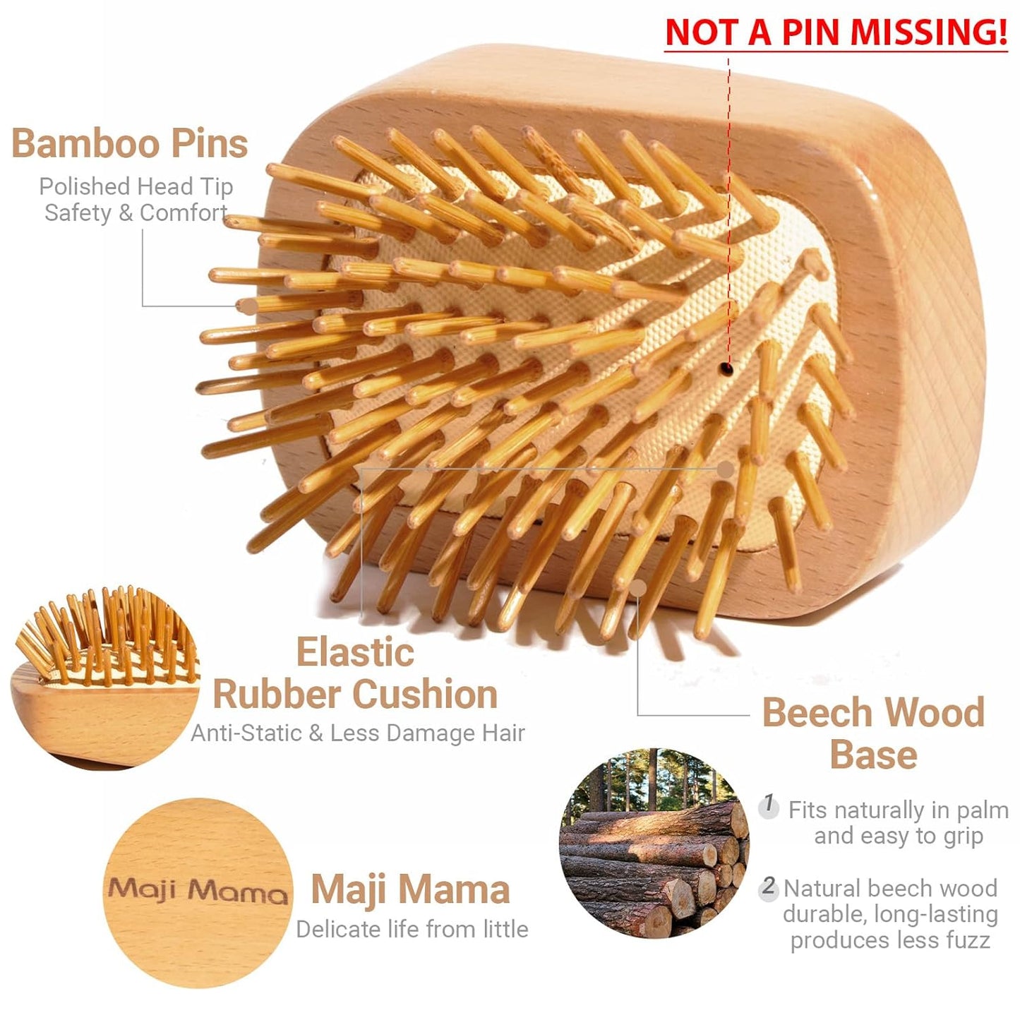 Handmade Natural Wooden Hair Brush Hairbrush with Bamboo Pins Massage Scalp & Detangling All Hair Types For Hair Growth,Scalp Massager Mini Brush No Handle Design