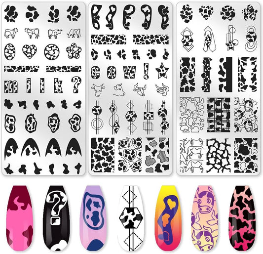 3Pcs Cute Cow Nail Stamping Plate Set Graffiti Spots Animal Heart ShapedStainless Steel Nail Templates Clear Silicone Nails Stamping with Stamper Scraper for Manicure Printing