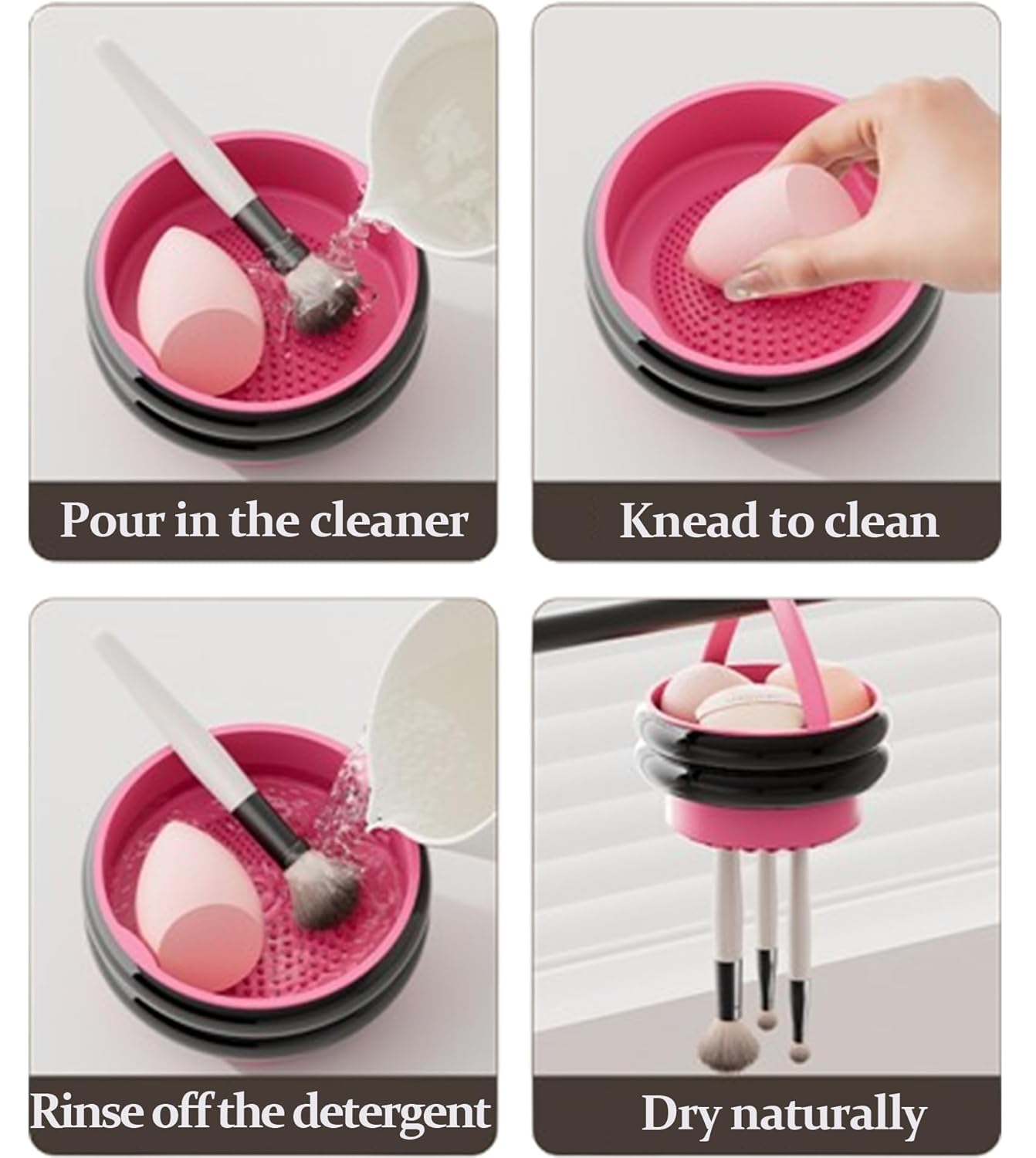 Makeup Brush Holder, 3 in 1 Silicone Makeup Brush Cleaner Mat Pink