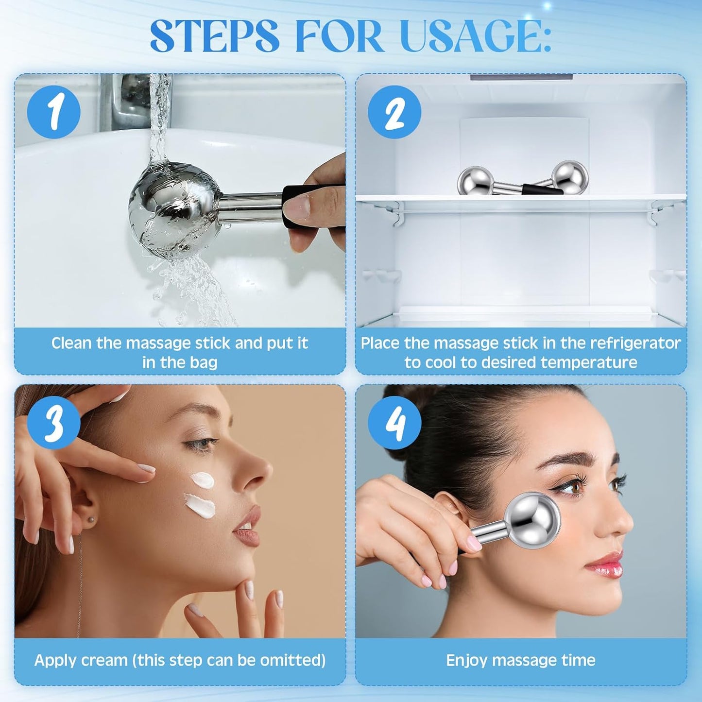 Baderke 2 Pcs Ice Globes for Face Stainless Steel Cooling Globes Unbreakable Cooling Roller Women Ice Balls Cryo Sticks Face Skin Care for Dark Circles, Puffiness(Silver (black Handle))