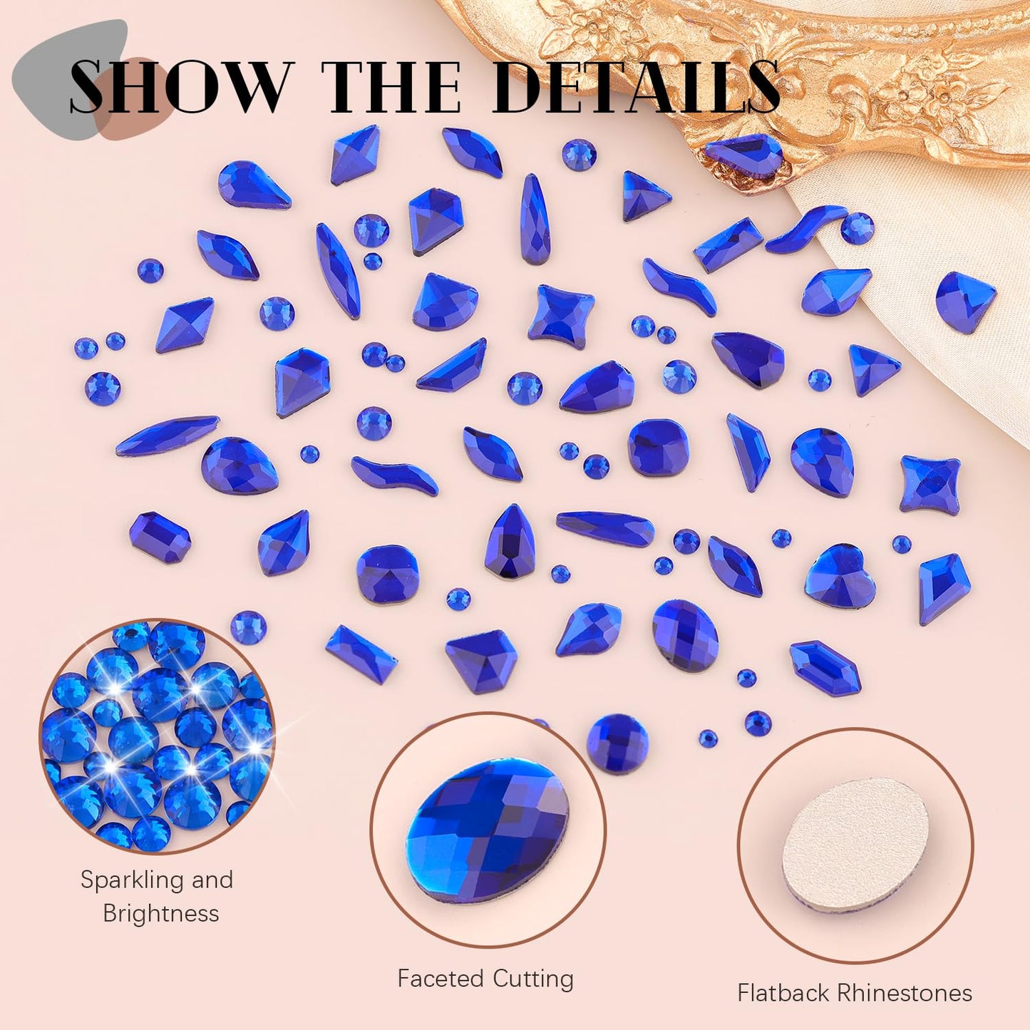 Royal Blue Glass Nail Rhinestones - 1680 Pcs Multi Shapes + 1500 Pcs Round Crystal with Glue Gel for Nail Art