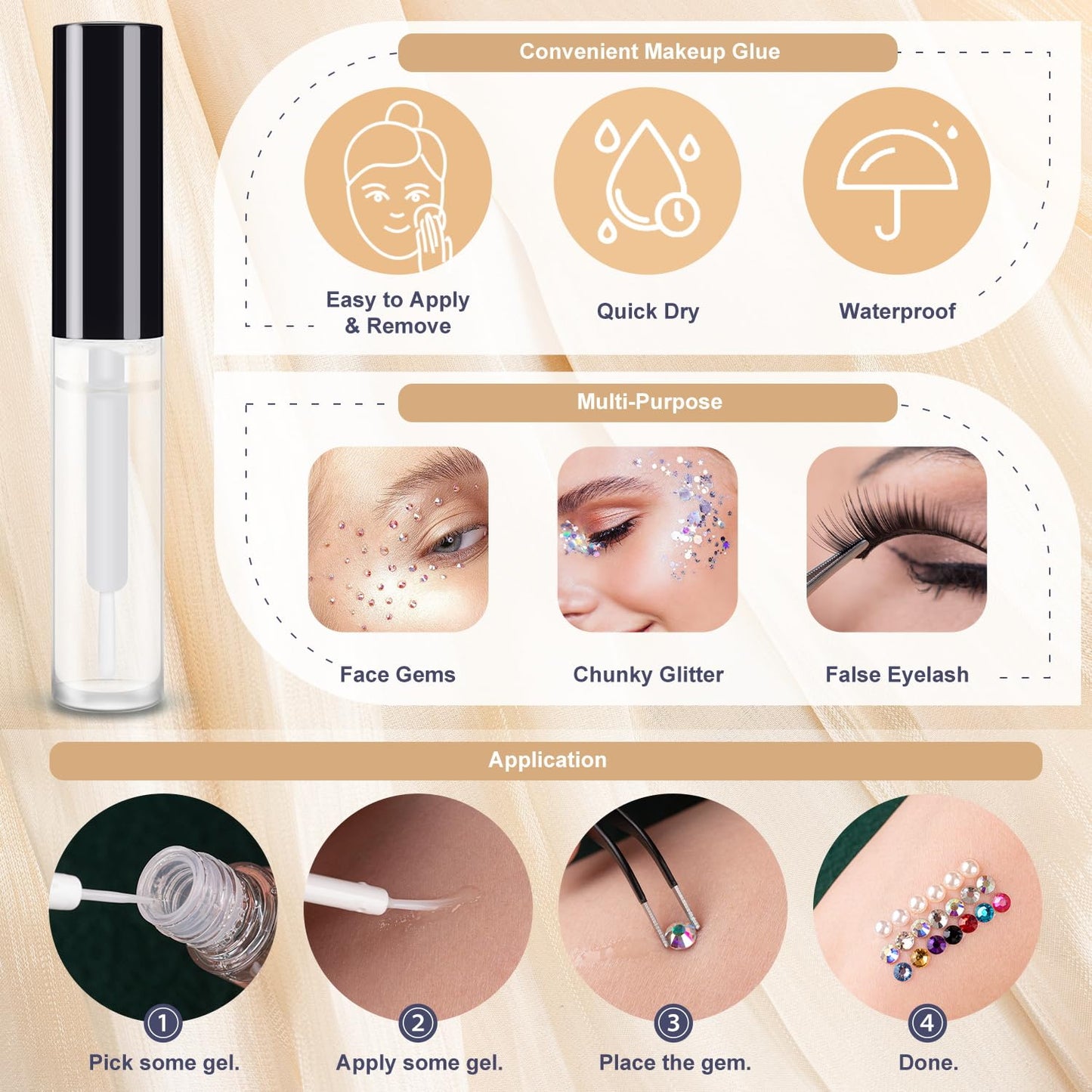 4500pcs Face Gems for Makeup with Glue, 2-5mm Round Glass Crystal AB + Clear + Mixed Color Chameleon Rhinestones & 4 Colors Cosmetic Chunky Glitter with Dotting Tools, Jewels for Make-up, Nail Art