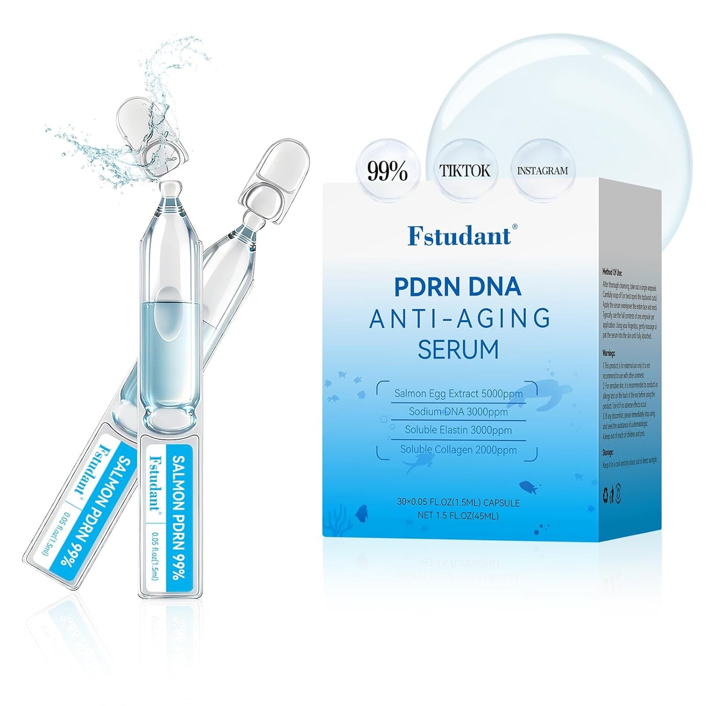 Salmon DNA PDRN Peptide Serum | 99% Salmon DNA PDRN Intensive Ampoule | Peptide, Collagen, Hyaluronic Acid, Niacinamide - Uneven Skin Tone, Anti-Aging, Moisturizing | Korean Skincare 0.05 fl oz x 30e
