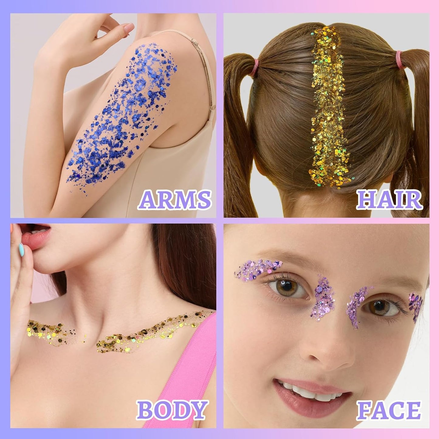 Teenitor Body Glitter Face Glitter Hair Glitter for Kids Women, 6 Colors Face, Body Hair Glitter Gel, Makeup Glitter for Halloween, Mermaid Makeup, Festival Birthday Party