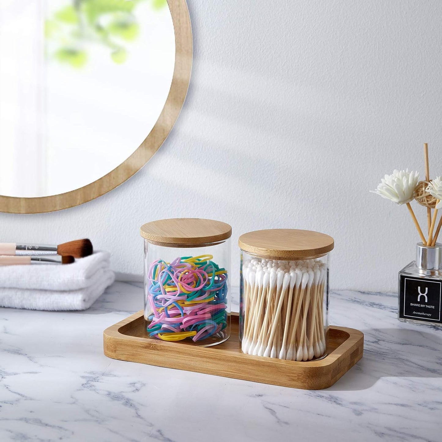 Qtip Holder With Vanity Tray, Glass Apothecary Jars With Lids for Bathroom, Cotton Ball Swab Pad Rounds Holder Canister Jars for Restroom Decorations and Organizer