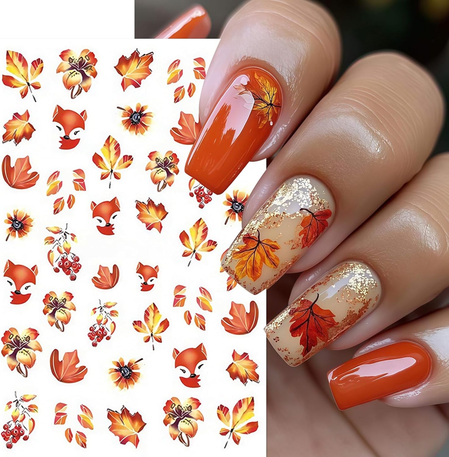 6Pcs Maple Leaf Nails Stickers,Fall Maple Leaf Nail Art Sticker Thanksgiving Pumpkin Nail Stickers for Nails Art Cute Fox Pine Mushroom Ginkgo Nail Decals Leaf Nails Design Nail Supplies for Women