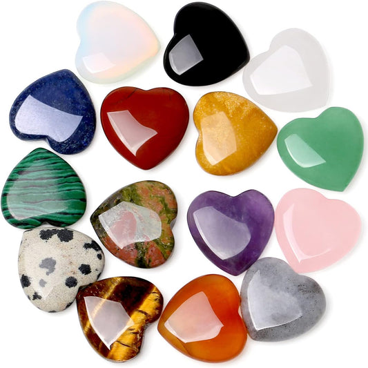 15 PCS Heart Crystals Healing Natural Pocket Stones Polished Love Shaped Palm Gemstones Rose Quartz Amethyst Assorted Set Reiki Energy Balancing Meditation Mother's Day Gift 0.8 Inch