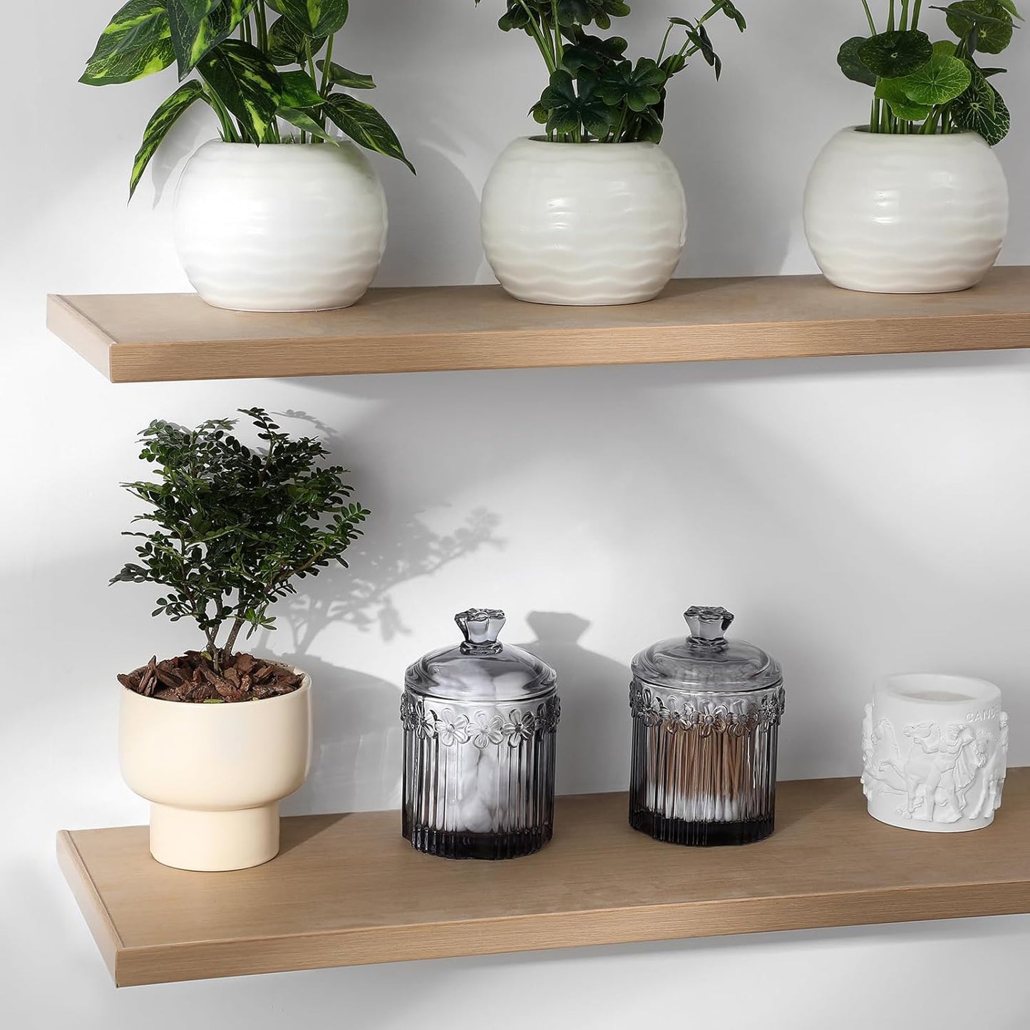 rejomiik 2 Pack Qtip Holder Glass Apothecary Jars with Lids Set Bathroom Canisters Dispenser Organizers and Storage for Cotton Swabs, Balls, Pads, Floss Picks, Candy, Grey