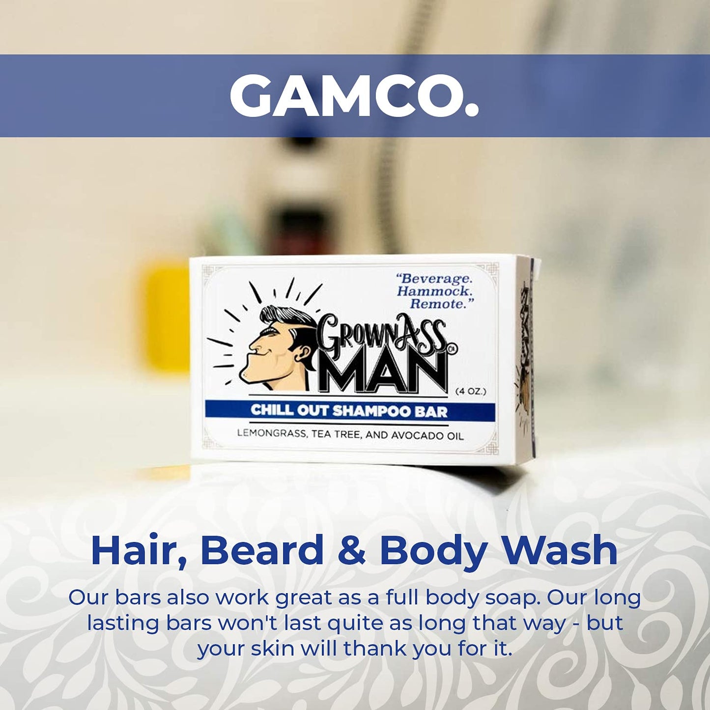 Solid Shampoo Bar Rich Lather 3 in 1: Hair, Beard & Body Wash - Plastic Free & Eco-Friendly, Natural & Organic Clean for All Hair Types, 4oz Bar (Chill Out, Single)