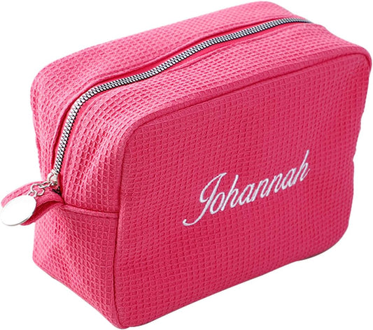GOPHIE Personalized Embroidered Makeup Bag,Custom Waffle Fabric Cosmetic Pouch for Women, Travel Makeup Pouch (1, Hot Pink)