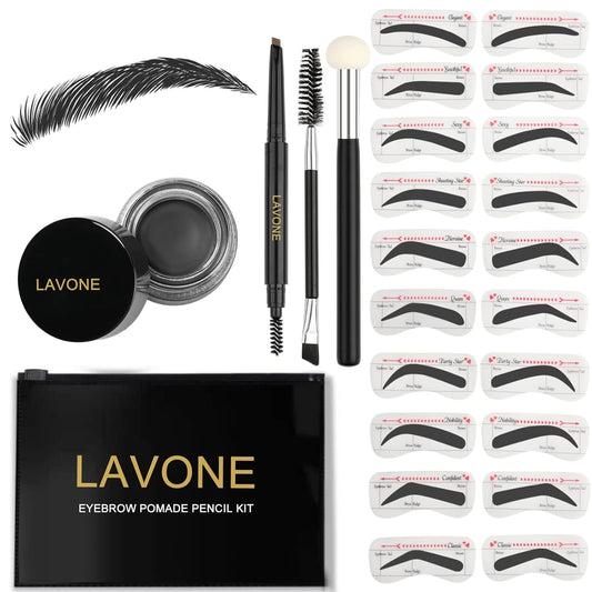 LAVONE Eyebrow Stamp Stencil Kit for Eyebrows, Brow Stamp Trio Kit with Waterproof Eyebrow Pencil, Eyebrow Pomade, 20 Eyebrow Stencils, Dual-ended Eyebrow Brush and Sponge Applicator - Black