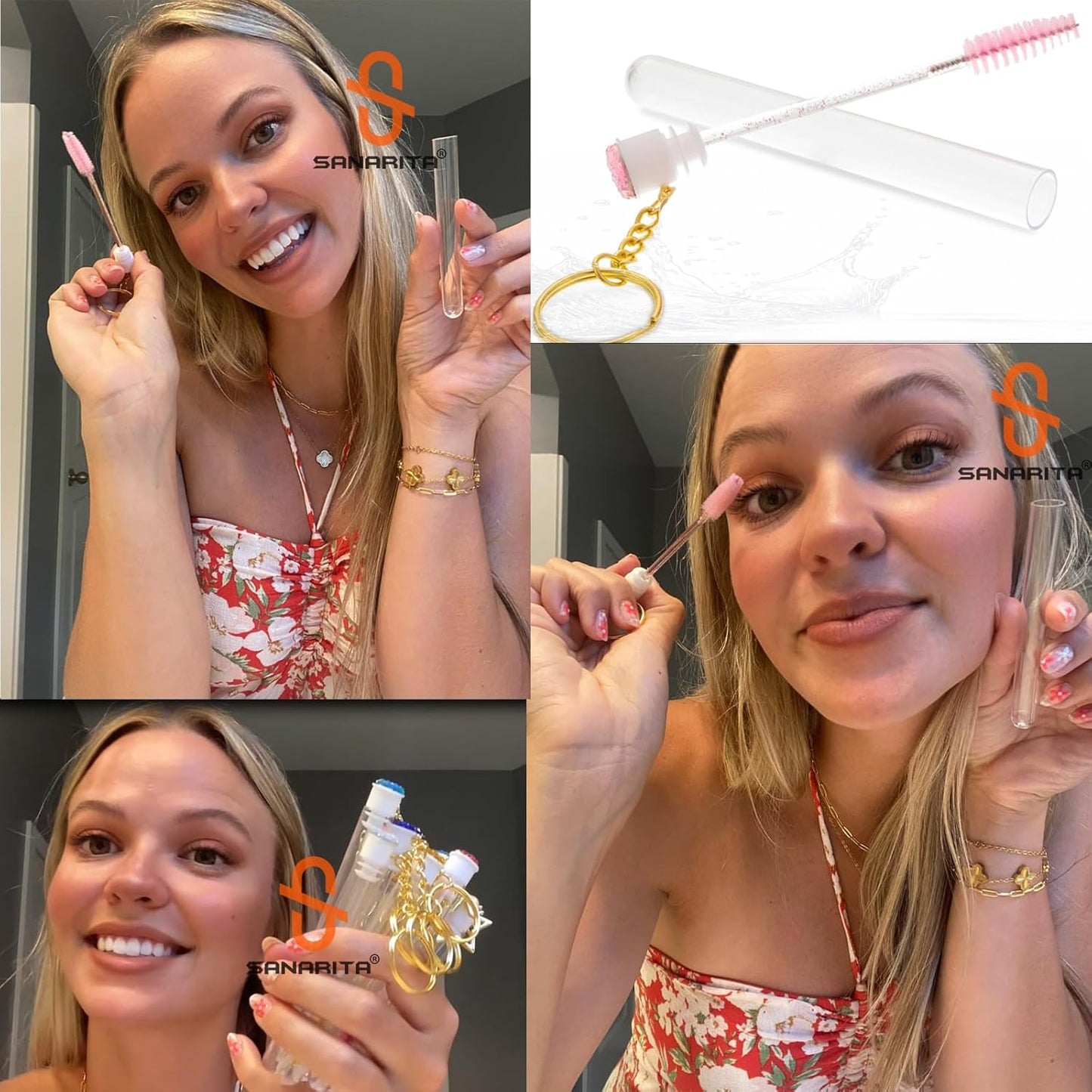 Upgrade 48 Pieces Disposable Mascara Wands Set,Mascara Brush Tube for Women and Girls- Include 24 Pcs Crystal Lash Spoolies Brush and 24 Pcs Reusable Keychain Empty Eyelash Brush Tubes(Pink)