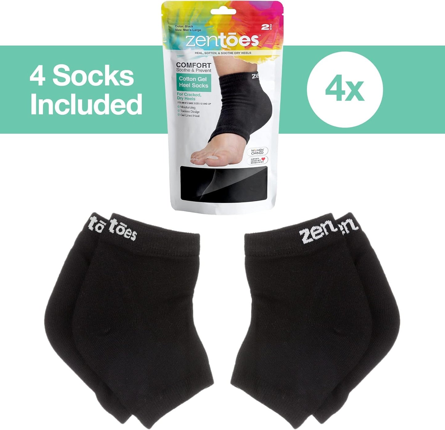 ZenToes Moisturizing Socks for Cracked Heel Treatment - Vitamin E, Olive Oil and Jojoba Oil Infused Heel Socks to Soften and Hydrate (Cotton Black, Wide Width)