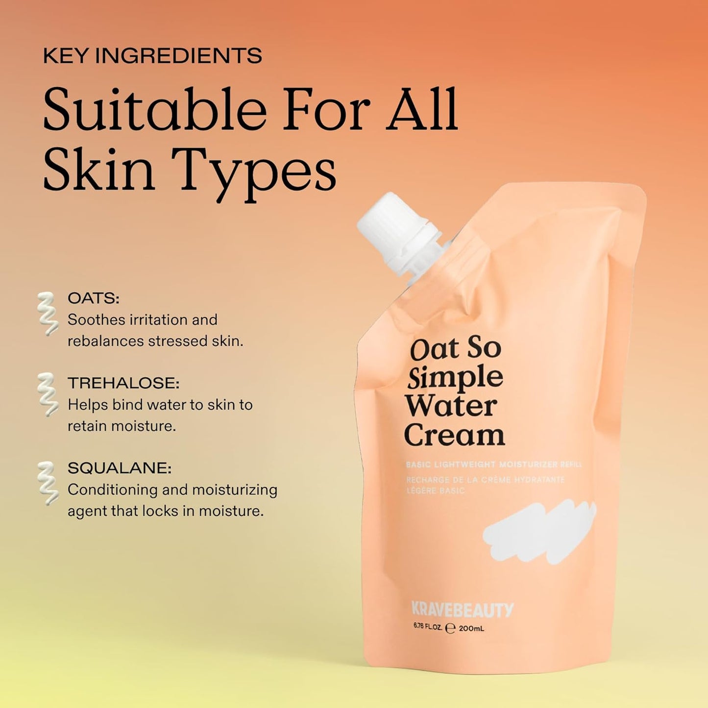 KraveBeauty Oat So Simple Water Cream Refill, Enriched With Oat & Squalane To Soothe & Lock In Moisture, Everyday Moisturizer, For All Skin Types, Vegan & Cruelty Free, 6.76 fl oz