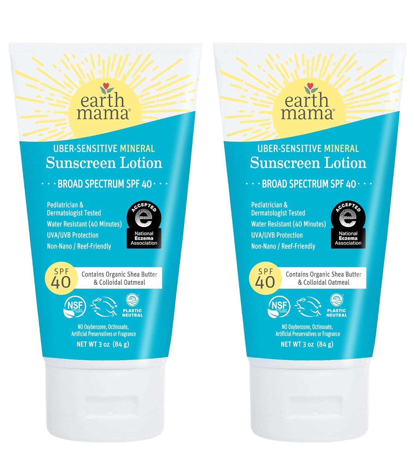 Earth Mama Uber-Sensitive Mineral Sunscreen Lotion SPF 40 | Non-Nano Zinc, Contains Organic Colloidal Oatmeal | Steroid-Free Eczema Cream for Baby, Kid & Family, 3-Ounce, 2-Pack