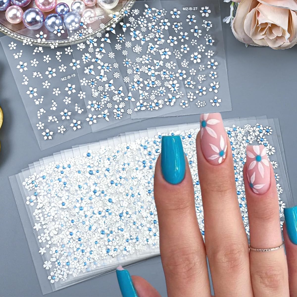 30Pcs White Flower Nail Art Stickers Decals- Daisy Floral Cherry Blossoms Nail Stickers Blue Rhinestone Nail Designs Sticker for Gel Nails 3D Self-Adhesive Spring Nail Decals for Nail Art Decoration