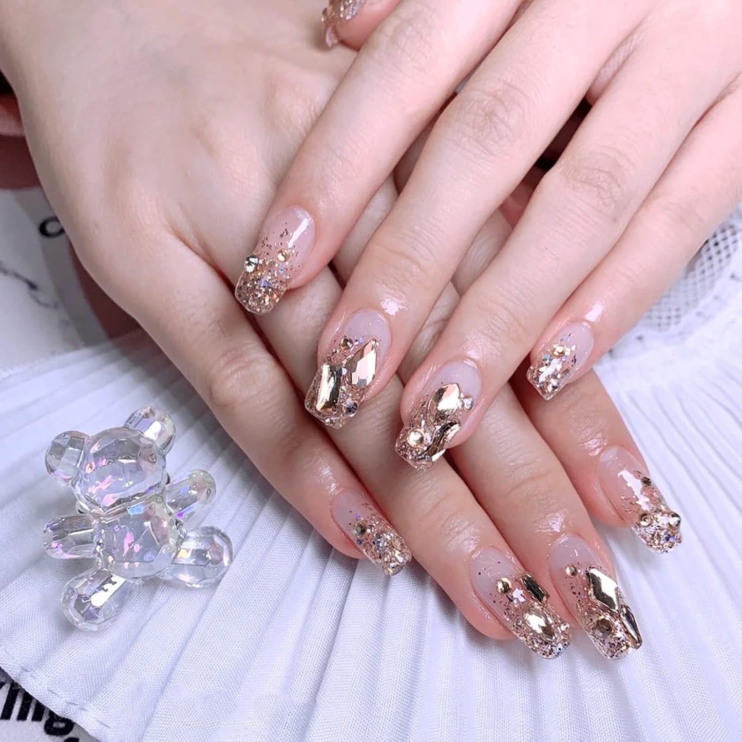 3320Pcs Champagne Nail Art Rhinestones Crystal,3D Rhinestones Gems Jewels Diamond,24 Types of 320 Diamonds + 3000 Round Beads, Crystals 3D Flat Back Gemstones for Nail DIY Crafts with Tweezers Pen