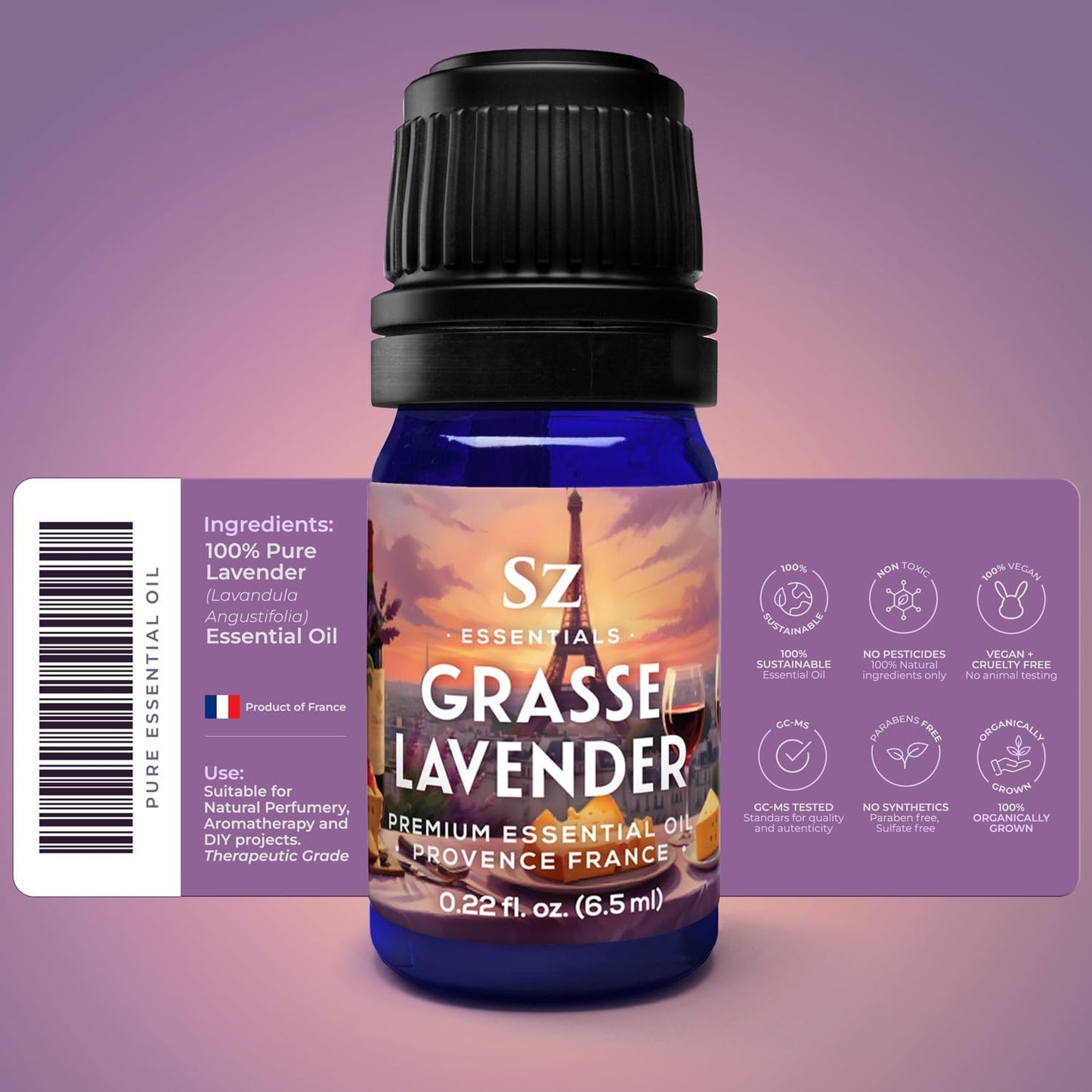 Grasse Lavender Essential Oil - France - Beautiful Floral Lavender Scent with Pine Notes - Lavandula stoechas - 100% Pure & Undiluted - Aromatherapy- Therapeutic Grade & Vegan 0.22 oz
