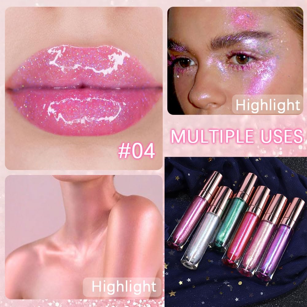 evpct 1Pcs Pink Pearlescent Chameleon Shimmer Glitter Lipstick Lip Gloss, Long Lasting Waterproof Glitter Metallic Sparkly Glossy Lip Gloss Tint Liquid Lipsticks Set Lip Stain Makeup for Women
