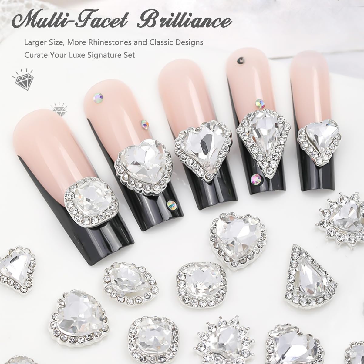 24Pcs 3D Alloy Silver Clear Nail Art Rhinestones Luxury Charms for Nails- 3D Alloy Heart Nail Charms, Elegant Silver Nail Crystal Diamonds Stones Studs for Acrylic Nails DIY Crafts Jewelry