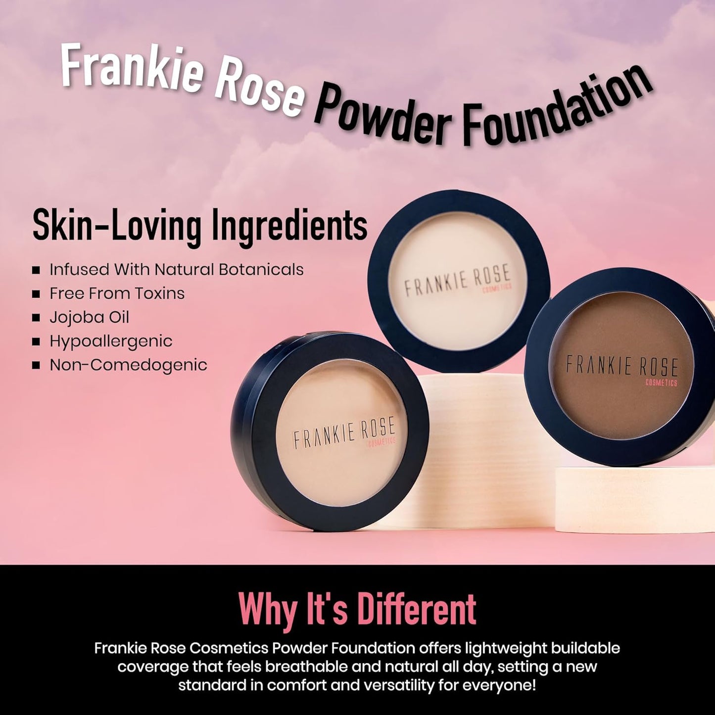 Frankie Rose Cosmetics Powder Foundation – Full Coverage Face Powder For Pores & Imperfections, Evens Out Skin Tone & Shine-Control | 58 Grams (Vintage)