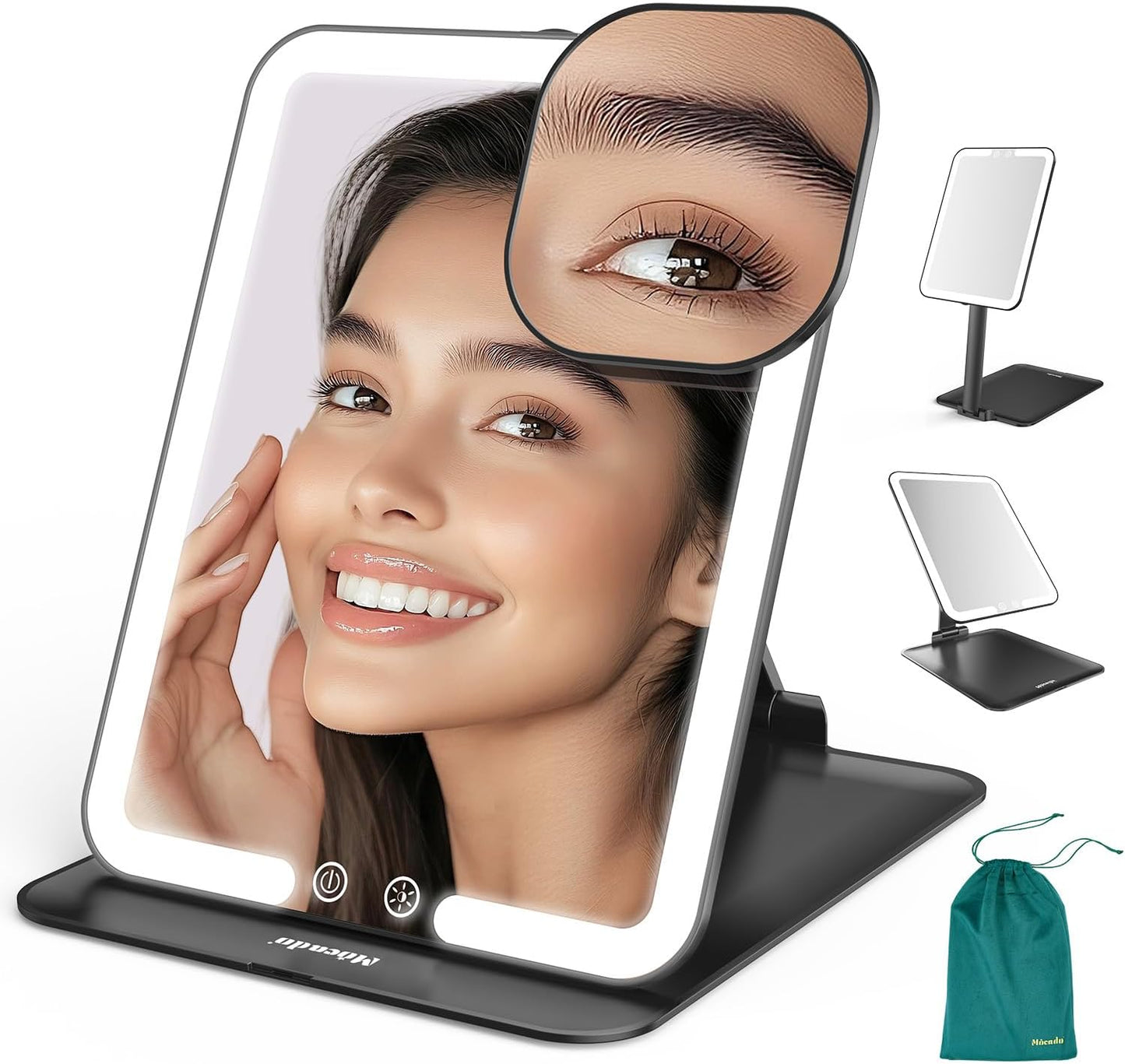 Mocado Travel Makeup Mirror with Light - 7x5 Inches Tripple Folding Travel Mirror with Light, 3 Colors Lighted Makeup Mirror, Portable Makeup Mirror, Freely Adjust Height and Angle(Black)