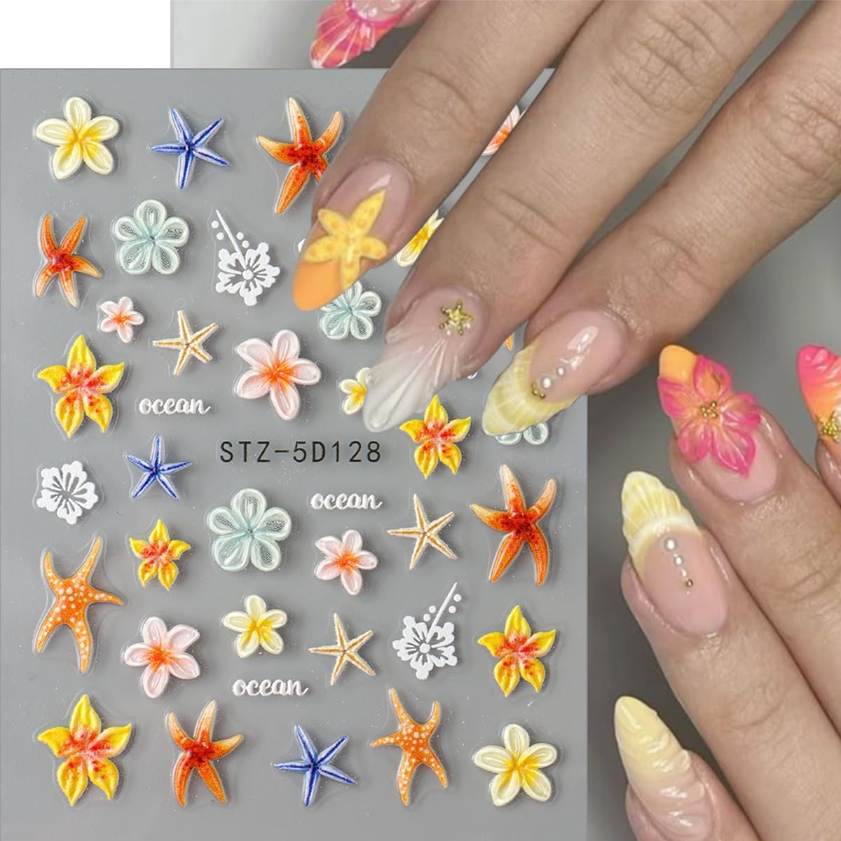 5D Embossed Flower Nail Art Stickers Decals 2 Sheets Summer Flowers Nail Stickers Ocean Starfish Nail Decals Yellow Lily Hibiscus Tropical Floral Nail Art Design Supplies for Women DIY Manicure Decor