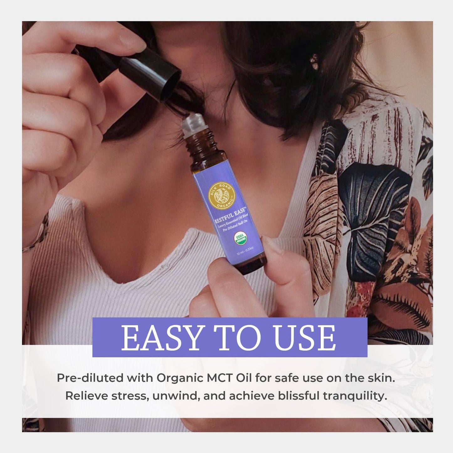 Silk Road Organic Restful Ease Essential Oil Sleep & Stress Blend Roll On - 100% Pure USDA Certified with Indian Sandalwood - Stress Ease Aromatherapy & Calming Relaxation - 10 ml Roller