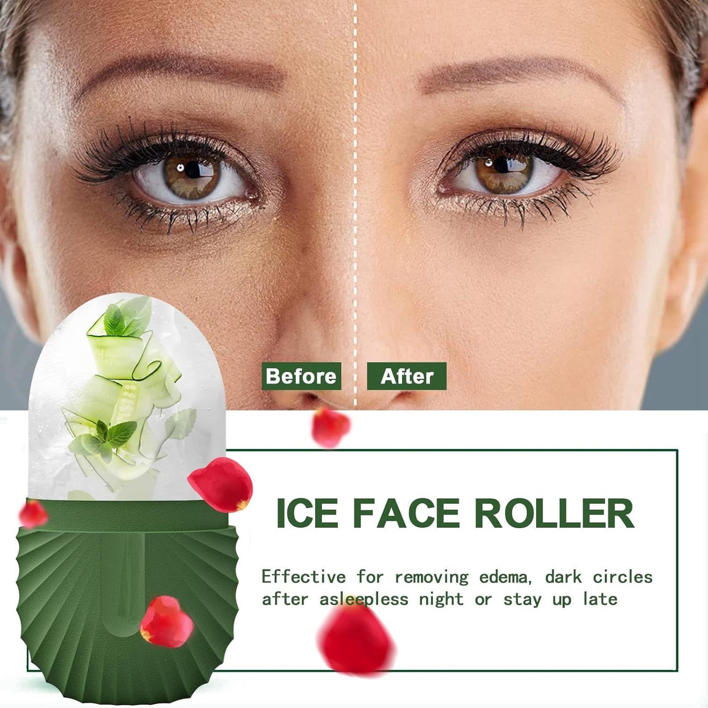 KOGITI Face Ice Roller & Mold - Beauty Facial Massage Tool for Puffiness Relief, Ice Cube Holder (Shell-Green)