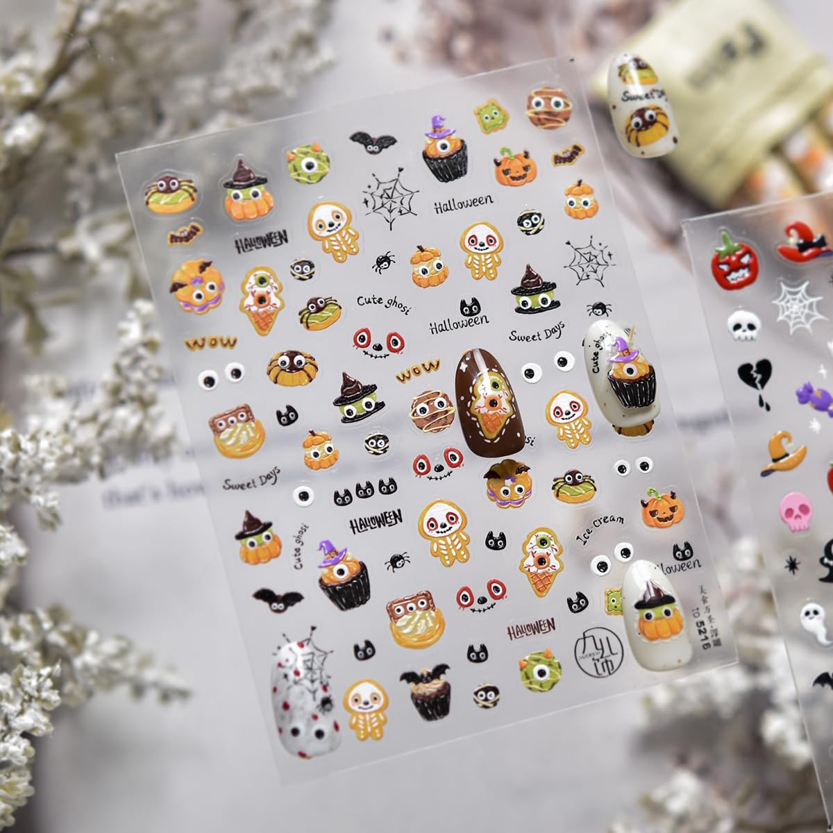 5D Halloween Nail Stickers Cute Nail Art Decals Self-Adhesive Cute Bear Horror Pumpkin Evil Eyes,Halloween-Themed Design DIY Holiday Decoration for Women Kids Party 1 Sheet