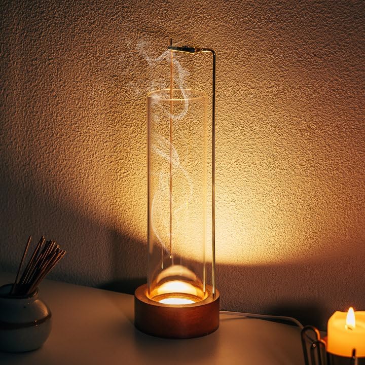 Incense Holder for Sticks, USB Powered Luminous Base, Anti-Ash Flying Incense Burner with 30 Incense Sticks, Detachable Glass Ash Catcher