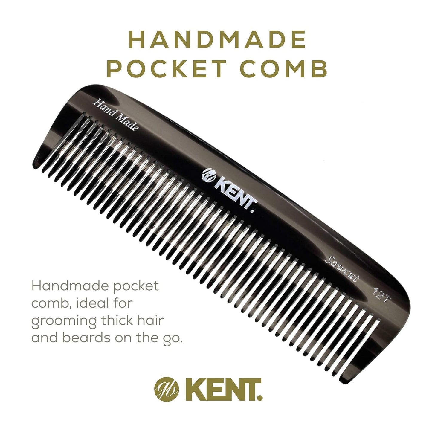 Kent 12T Black Graphite Pocket Comb - Handmade Wide Tooth Hair Comb for Men, Women, and Kids - Travel, Beard, and Mustache Comb - Saw Cut and Hand Polished Made in England