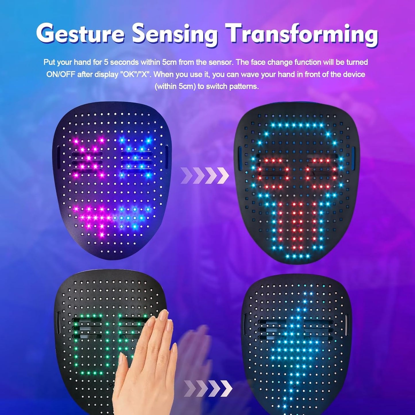 YXYaoZhengYiGeYi LED Mask with Gesture Sensing Transforming for Man/Kids, Unisex Light Up LED Face Cool Masks for Halloween Costume Cosplay Party Masquerade