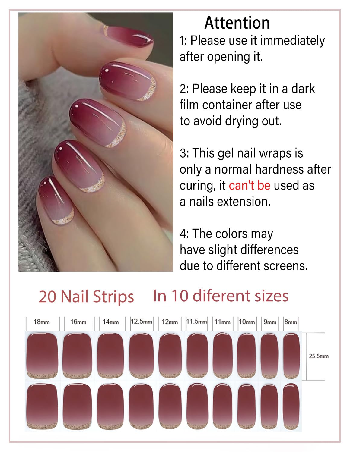 Semi Cured Gel Nail Strips, 20pcs Plum Ombre, Glitter, Gel Nail Stickers UV for Home Nails DIY