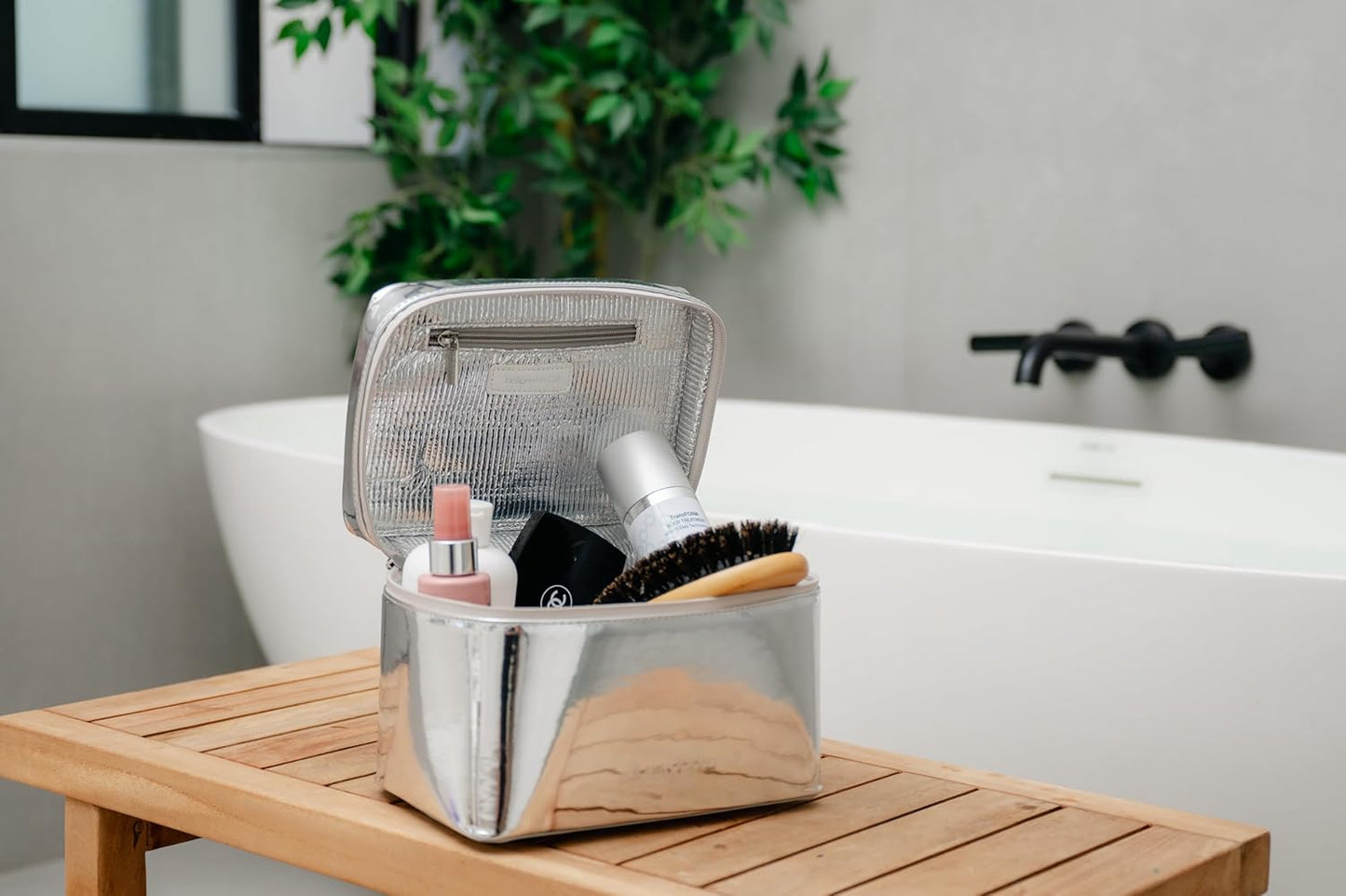 Large Insulated Metallic Silver Travel Makeup Case - Waterproof Vegan Leather Beauty Travel Skincare Bag - Heat-Resistant Zippered Designer Makeup Bag Shields Cosmetics from Melting, Freezing