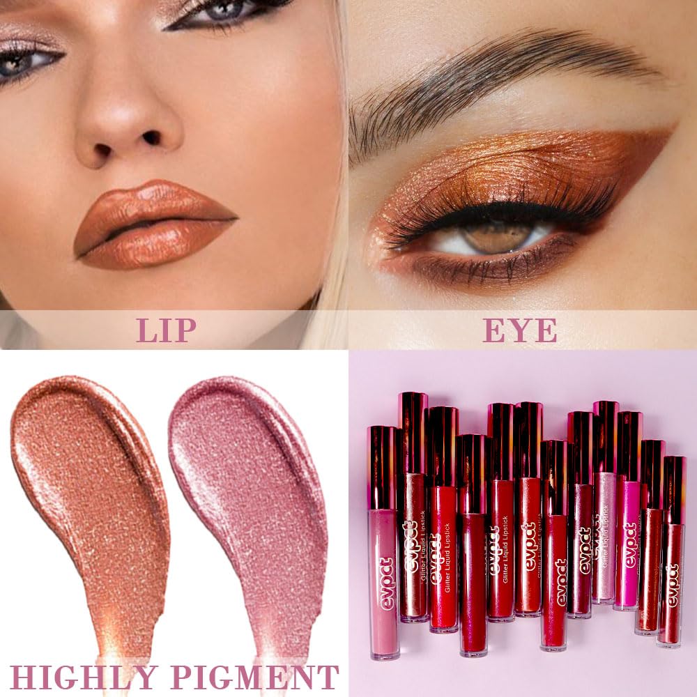 evpct 2Pcs Bronze Gold Nude Gold Matte to Glitter Liquid Lipstick Set for Women Long Lasting Glossy Metallic Shimmer Sparkle Lipstick Lip Gloss 5+14
