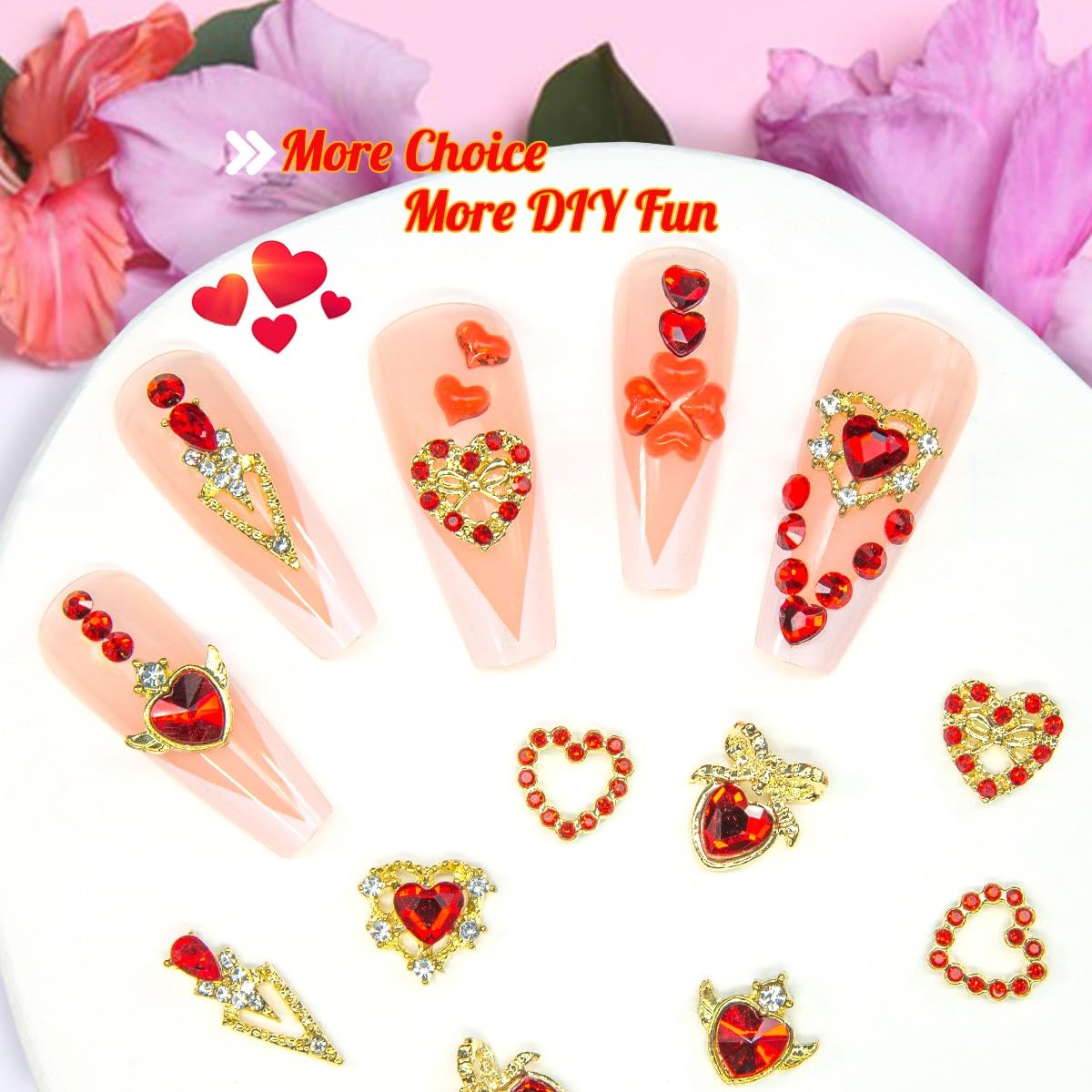 36pcs Red Heart Nail Charms Golden Luxury Alloy Valentine Charms for Nails 3D Red Nail Art Rhinestones Gems Gold Crystal Diamonds Jewelry Stones Studs Charms Supplies for Nails Face Eyes Makeup