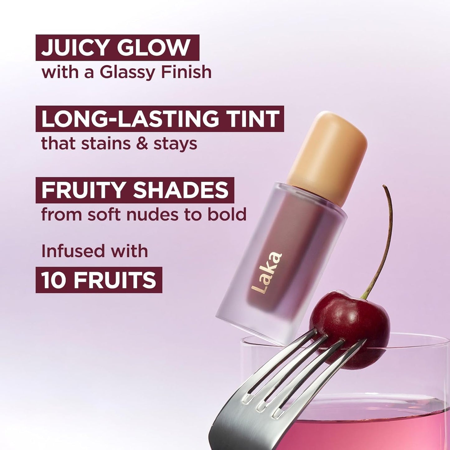 Laka Fruity Glam Tint, 4.5g/0.15 oz., Glowing Lip Stain with Wide Color Spectrum, Hydrating & Lightweight Texture, Long-Lasting Bold Stain, Non-Sticky, Vegan, K-Beauty (#111 Mellow)
