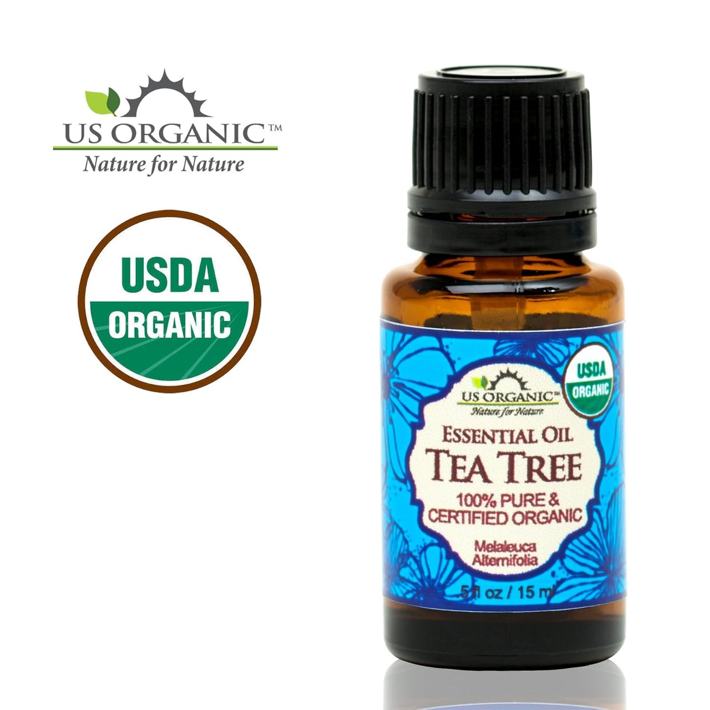 US Organic 100% Pure Tea Tree Essential Oil, Steam Distilled, USDA Certified Organic, for Hair, Skin, Scalp, Foot, Toenails, and More. Sourced from South Africa, Undiluted, Non-GMO (15 ml)