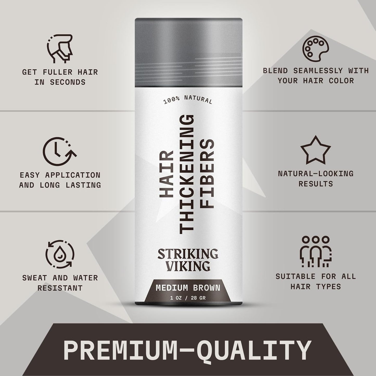 Striking Viking Hair Fibers for Thinning Hair - 28 g, Medium Brown - Bald Spot Cover Up & Sweat-Proof Thickening Powder