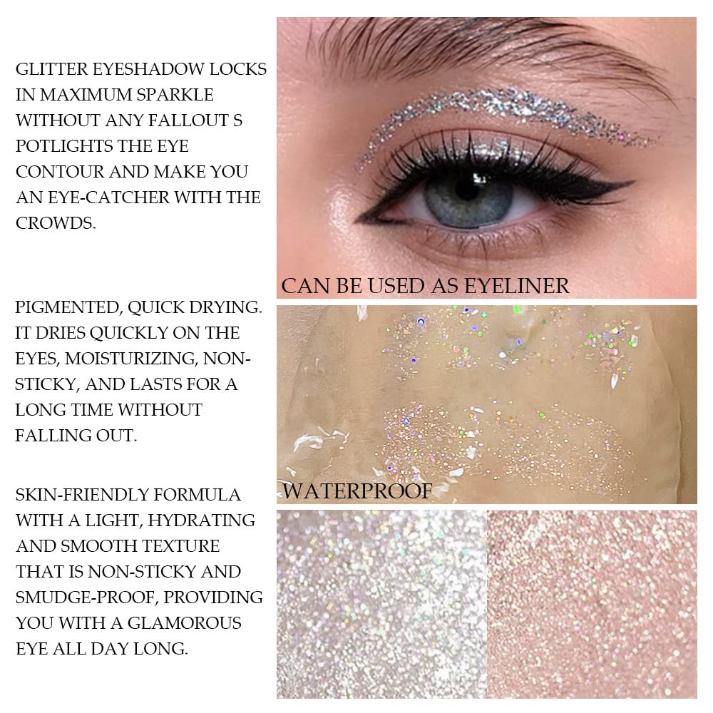 Waterproof Liquid Glitter Eyeshadow Eyeliner Makeup.Fairy Iridescent Pearl Peach Gold Eye Shadow Liquid Sparkly Eye Liner Highlight inner corner Eye Looks