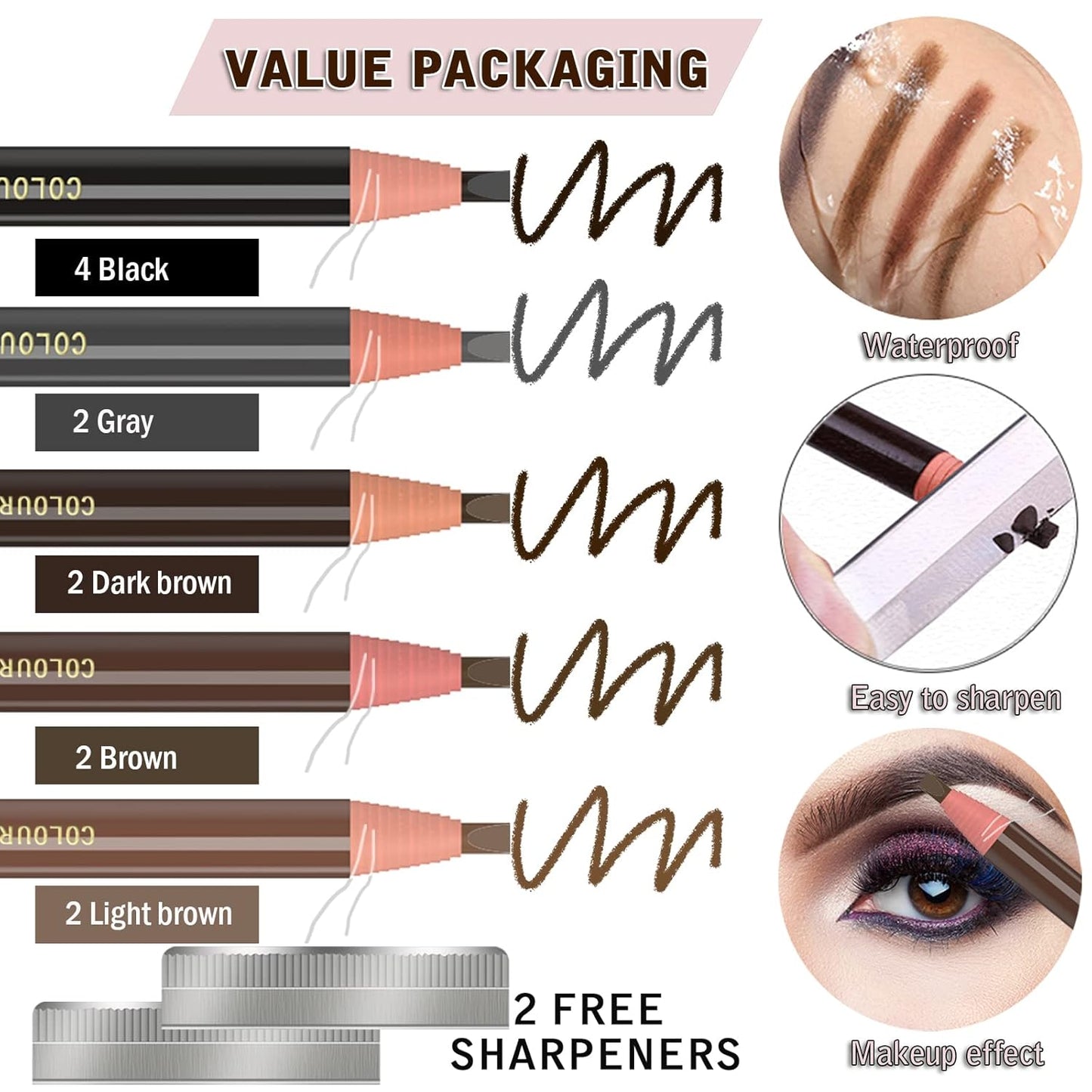 Eyebrow Pencils Brow Pencil Set For Marking, Filling And Outlining, Tattoo Makeup And Microblading Supplies Kit-Permanent Eye Brow Liners In, 12Pcs 5Colors(4Black6Brown2Gray）(Multicolor)