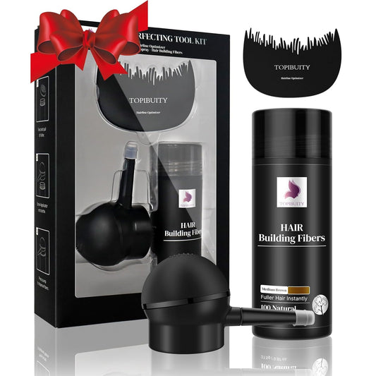 Hair Fibers & Applicator 3-in-1 Set - Natural Concealing Hair Thickening Fibers - Long-Lasting Spray with Accessory for Crisp Hairlines, Thicker Beard & Styling (medium brown)
