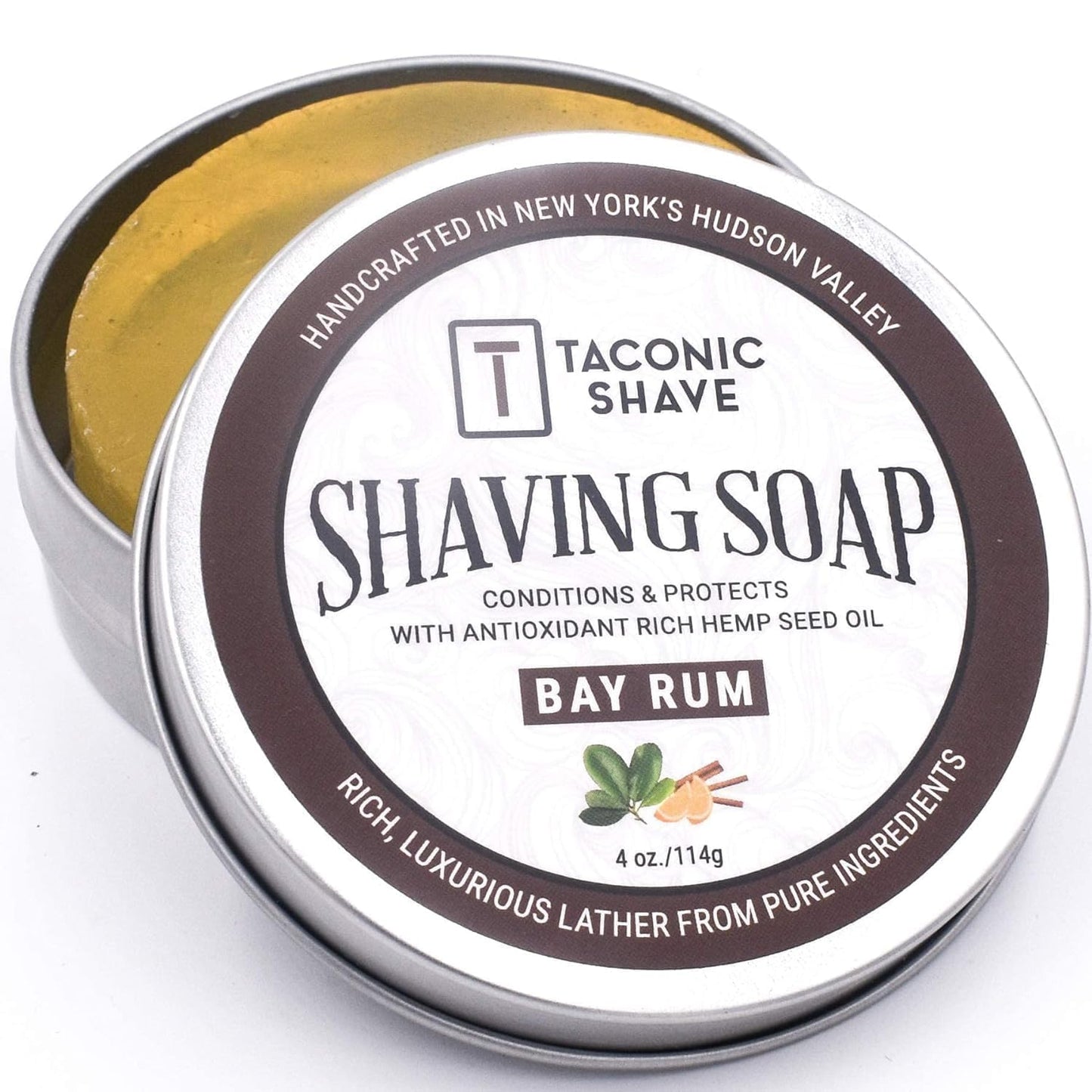 Taconic Shave Bay Rum Scent Shaving Soap – Warm Spiced Aroma – Barbershop Quality Lather Puck with Coconut & Olive Oils – Classic Wet Shave – Made in USA