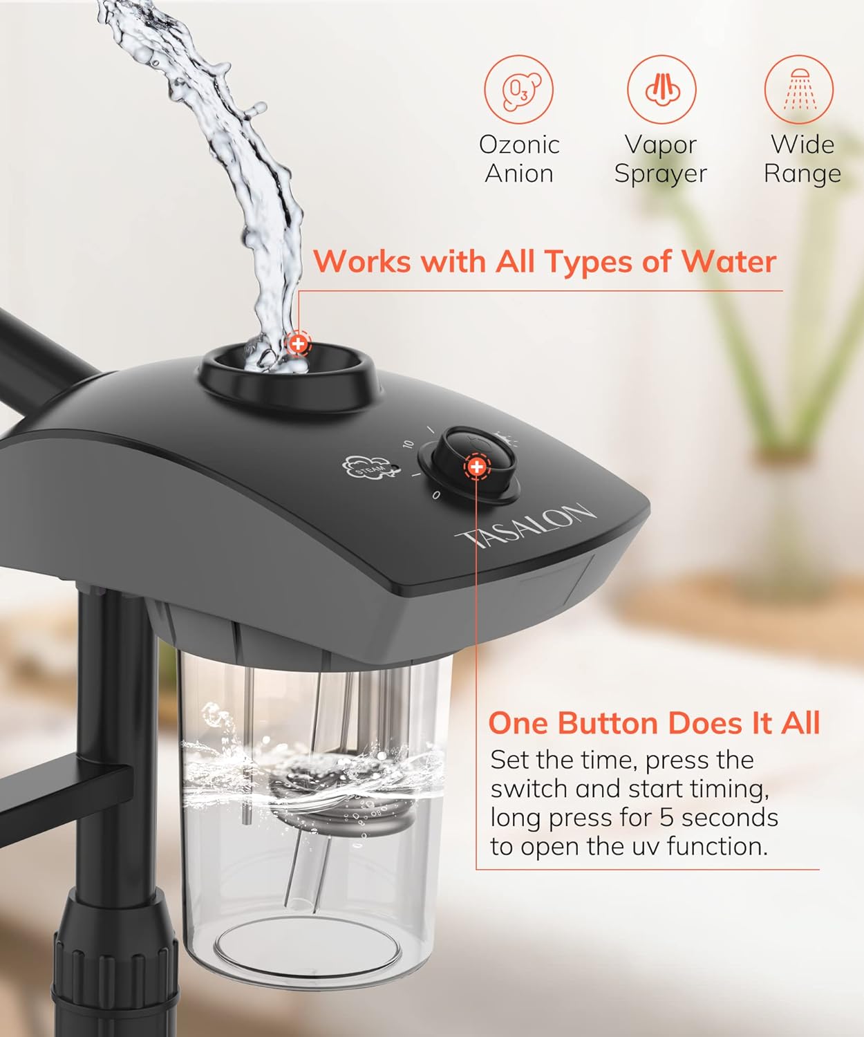 TASALON Professional Ionic Facial Steamer, 2-in-1 Face Steamer for Facial with 5X Magnifying Foldable Arm, Mist Face Steamer Salon Spa Beauty Skin Care Equipment, Aroma Therapy Nozzle Included- Blcak