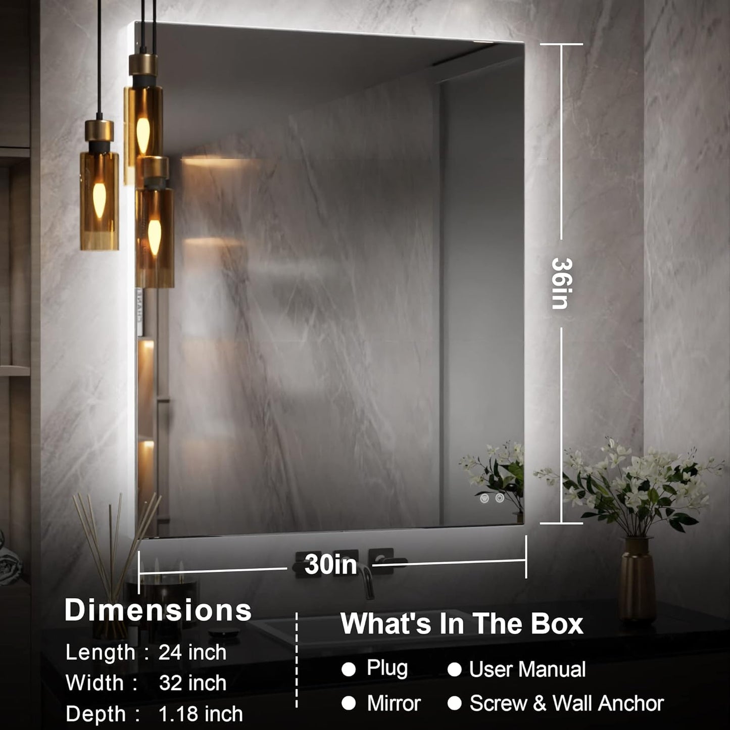 TETOTE 30x36 Inch LED Backlit Bathroom Mirror with Lights,Anti-Fog,Dimmable Lighted Mirror(Horizontal/Vertical) Wall Mounted Vanity Mordern Mirror