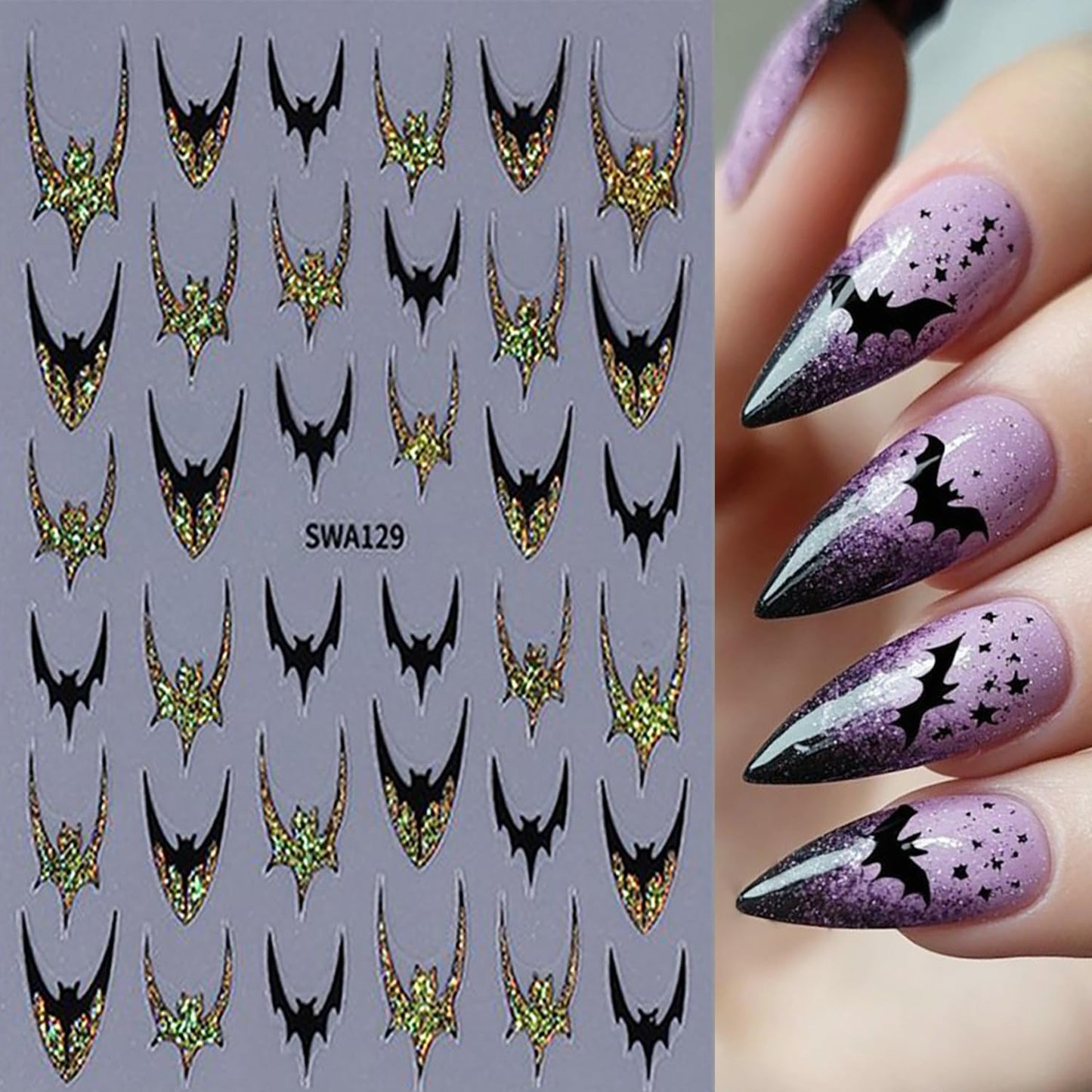 6 Sheets Halloween Nail Art Stickers 3D Self -Adhesive Bat Nail Decals Holographic Hot Stamping Gold Silver Bat Nail Stickers Halloween French Nail Decoration for Women Manicure Supplies