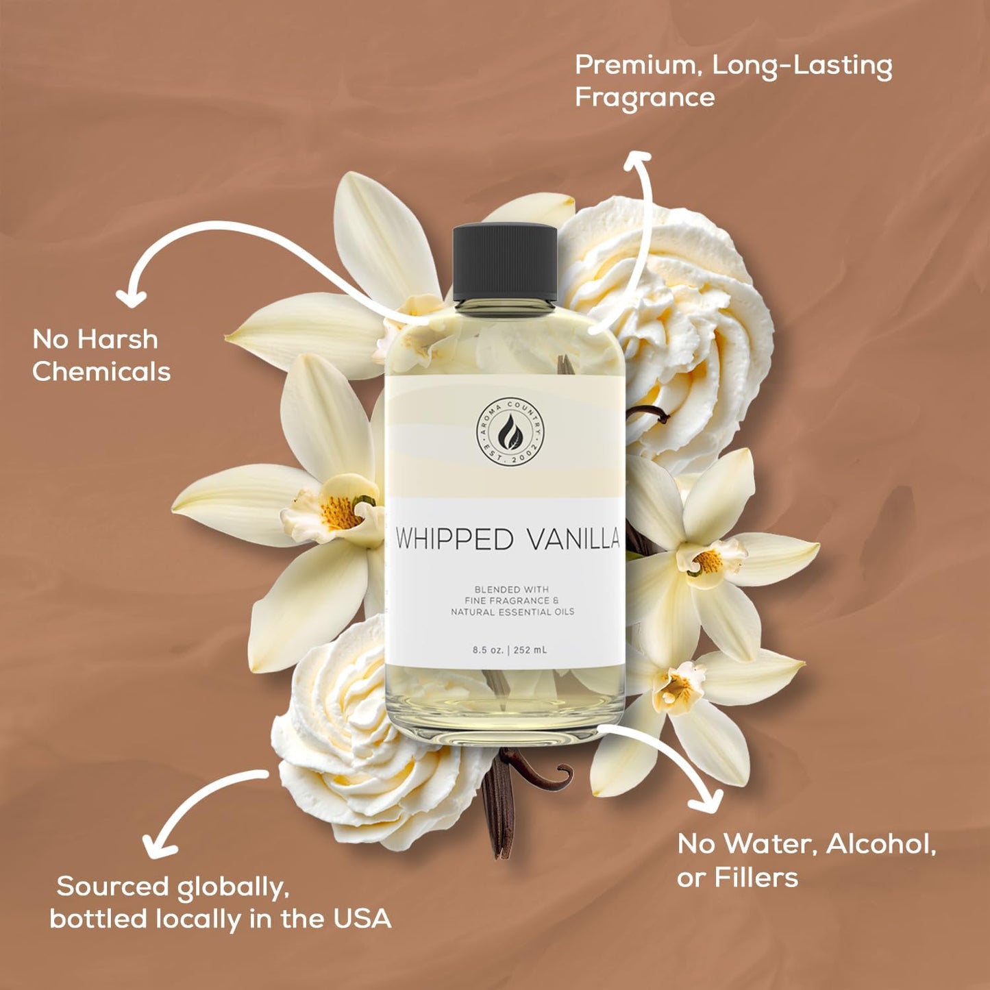Aroma Country Whipped Vanilla Diffuser Oil - Luxury Essential Oils for Diffuser Refill & Air Freshener Room Spray - Long-Lasting & Natural Home Fragrance, Vanilla Oil for Diffusers (8.5 Fl. oz)